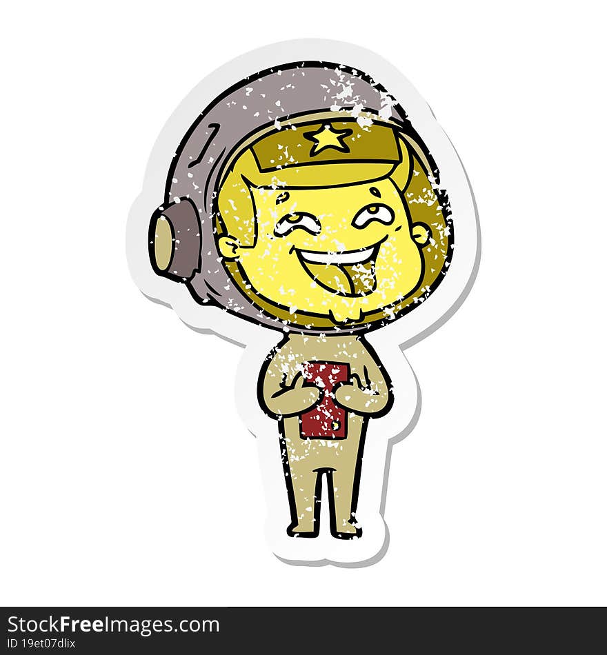 distressed sticker of a cartoon laughing astronaut