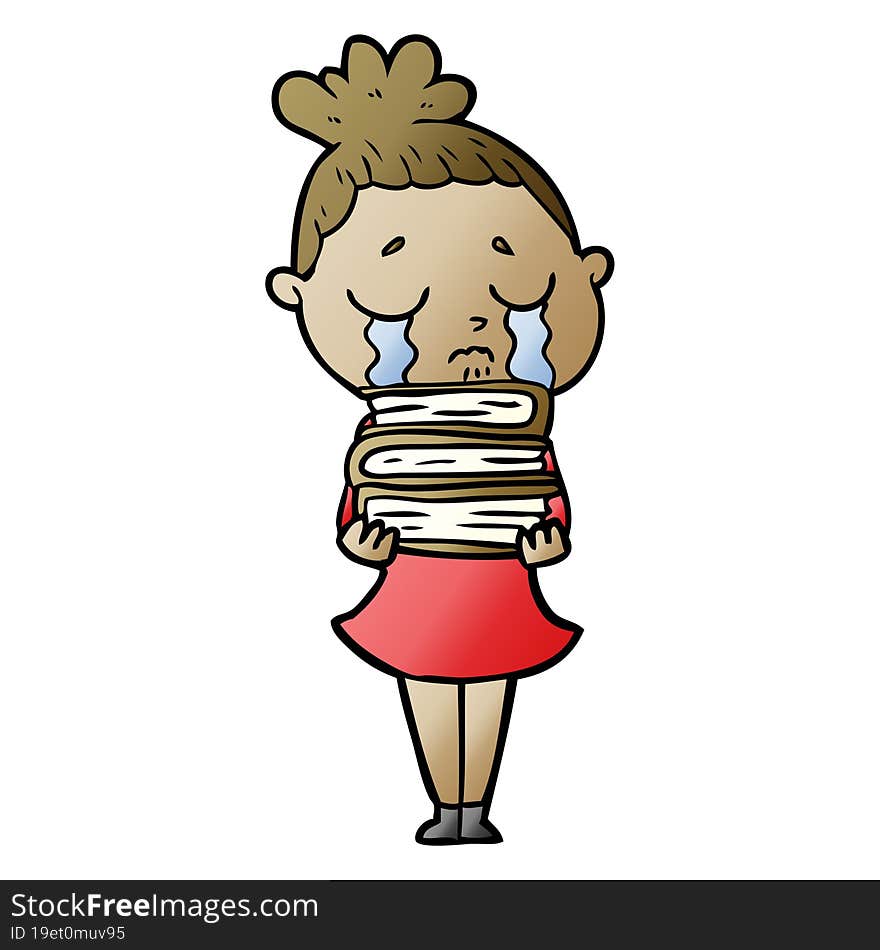 cartoon crying woman with stack of books. cartoon crying woman with stack of books