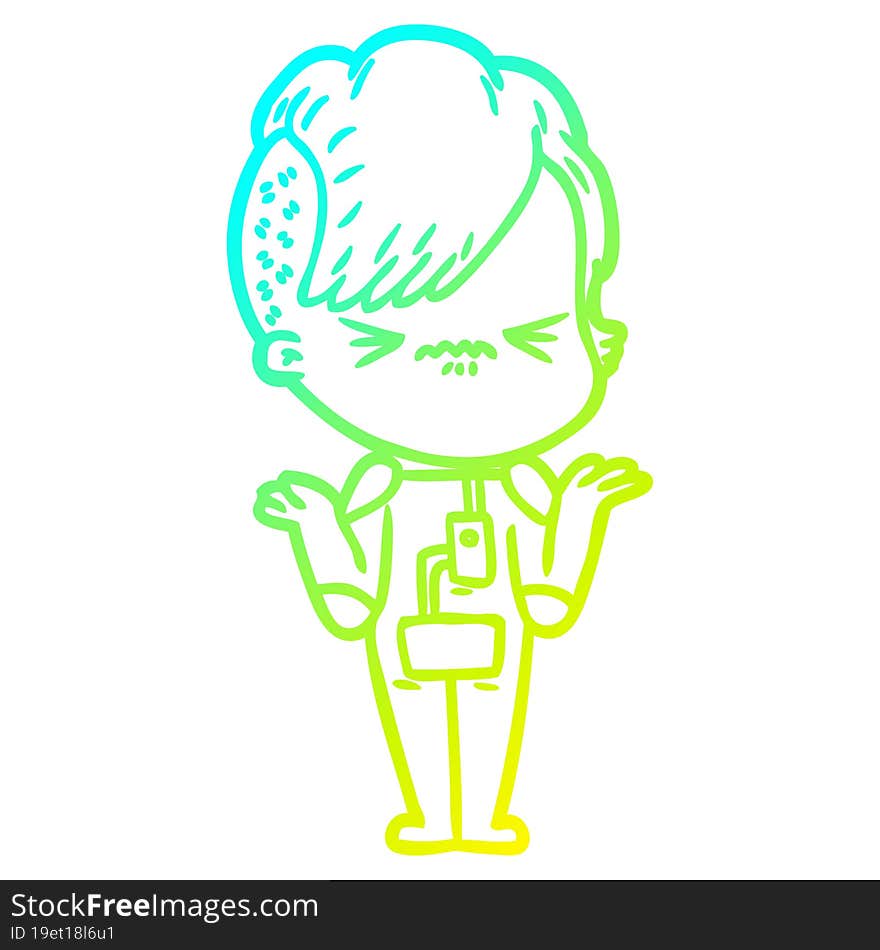 cold gradient line drawing of a cartoon annoyed hipster girl wearing space suit