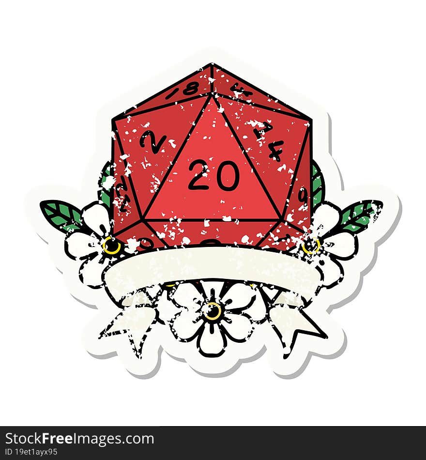 natural 20 critical hit D20 dice roll grunge sticker