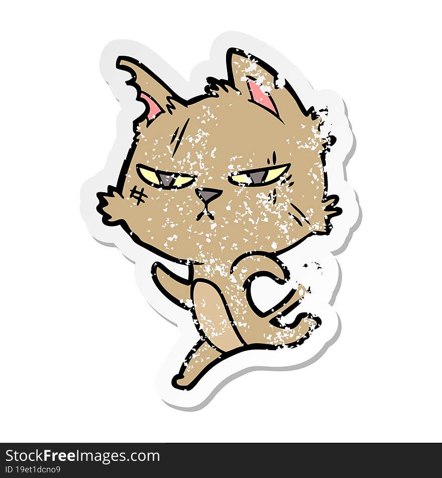 distressed sticker of a tough cartoon cat running