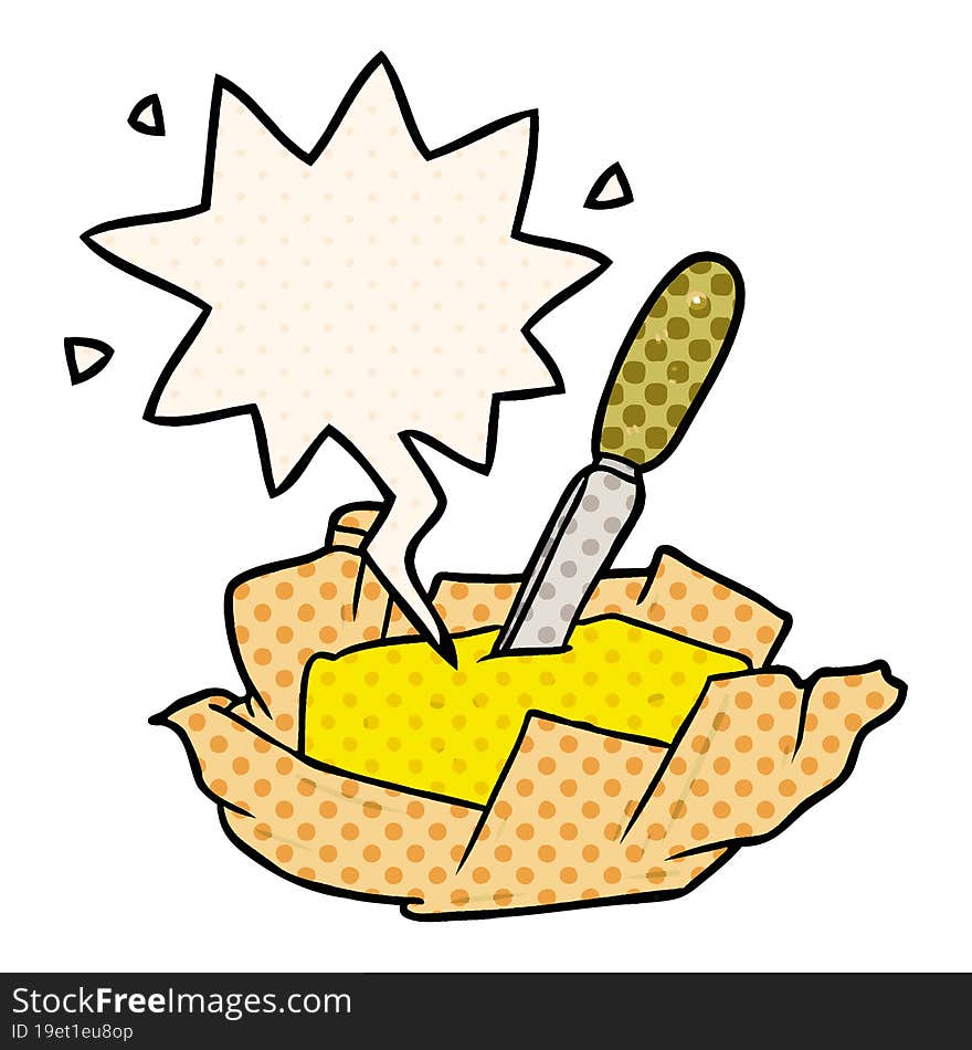 cartoon traditional pat of butter with knife with speech bubble in comic book style. cartoon traditional pat of butter with knife with speech bubble in comic book style