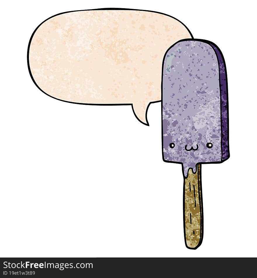 cartoon ice lolly and speech bubble in retro texture style