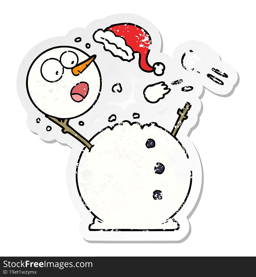 Distressed Sticker Of A Snowman In Snowball Fight