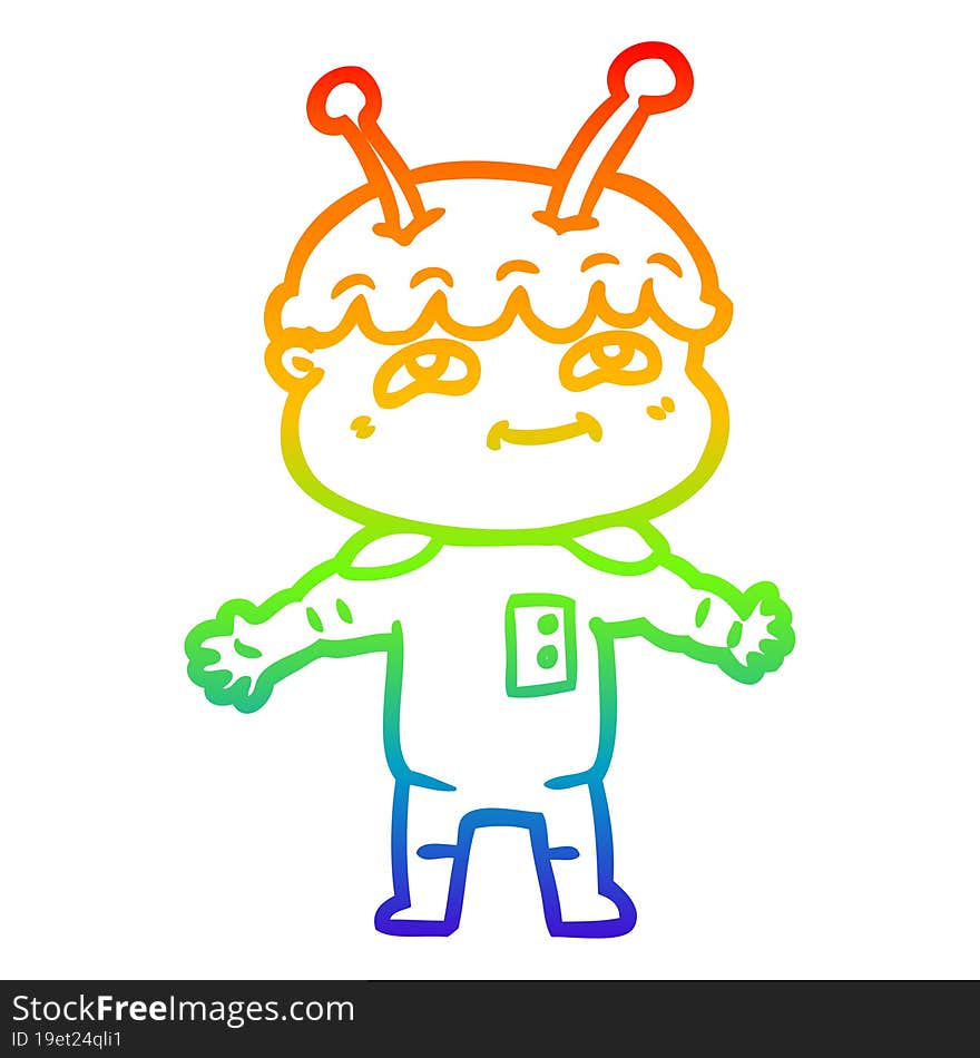 rainbow gradient line drawing friendly cartoon spaceman with open arms