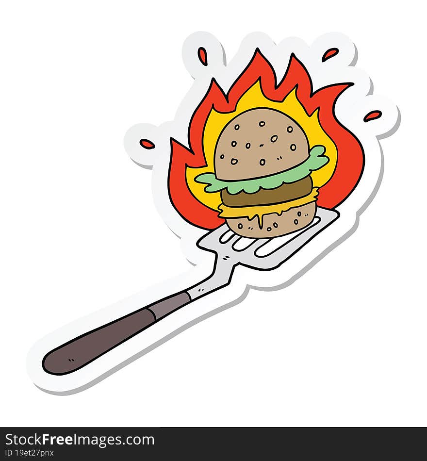 Sticker Of A Cartoon Burger On Spatula