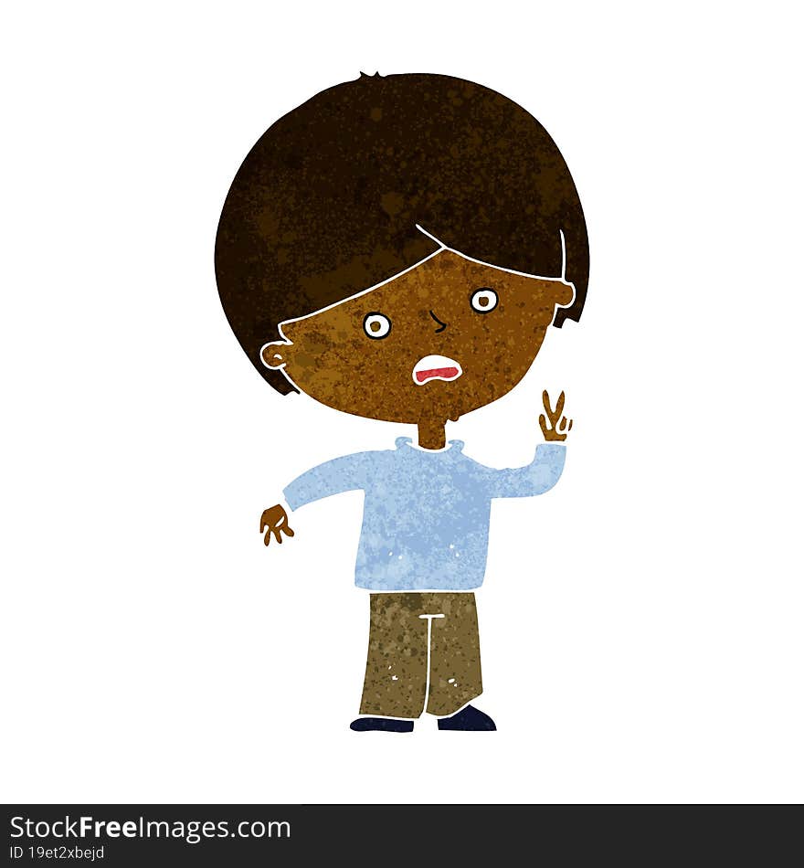 cartoon unhappy boy giving peace sign