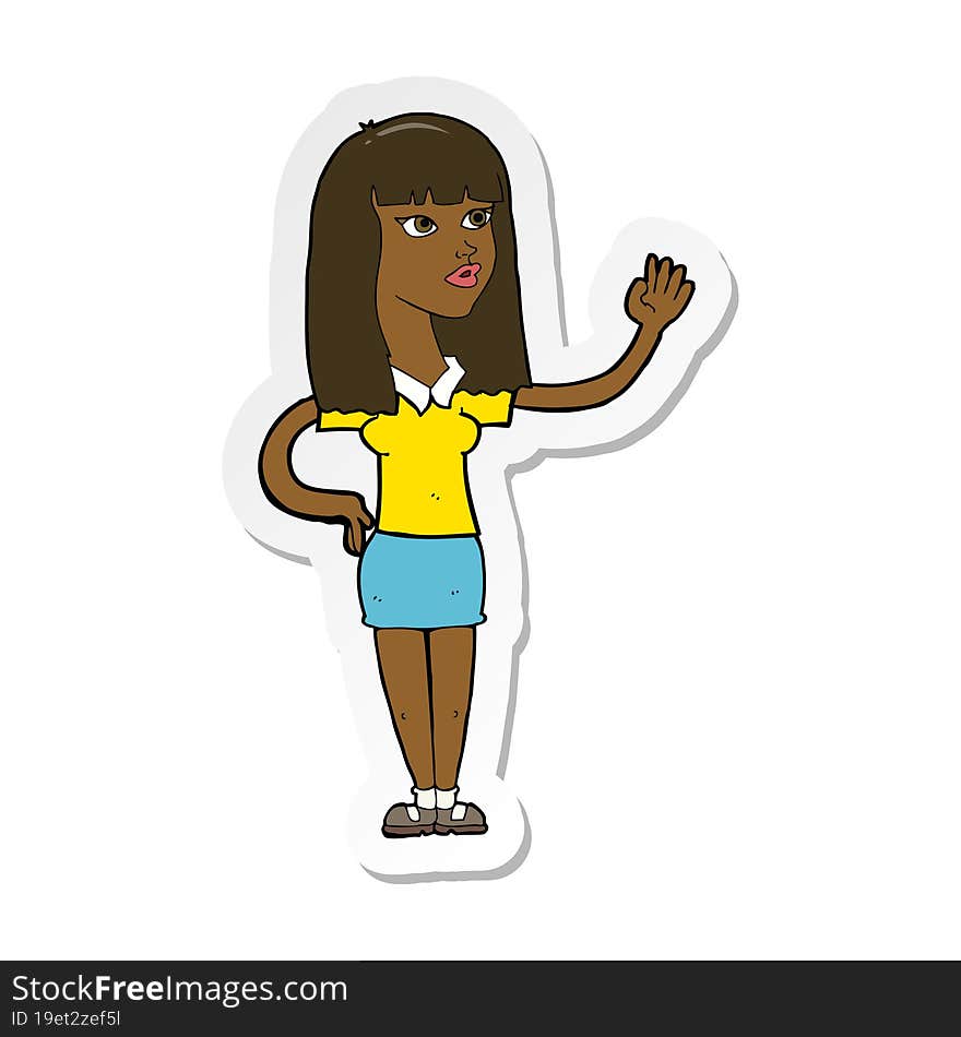 Sticker Of A Cartoon Pretty Woman Waving