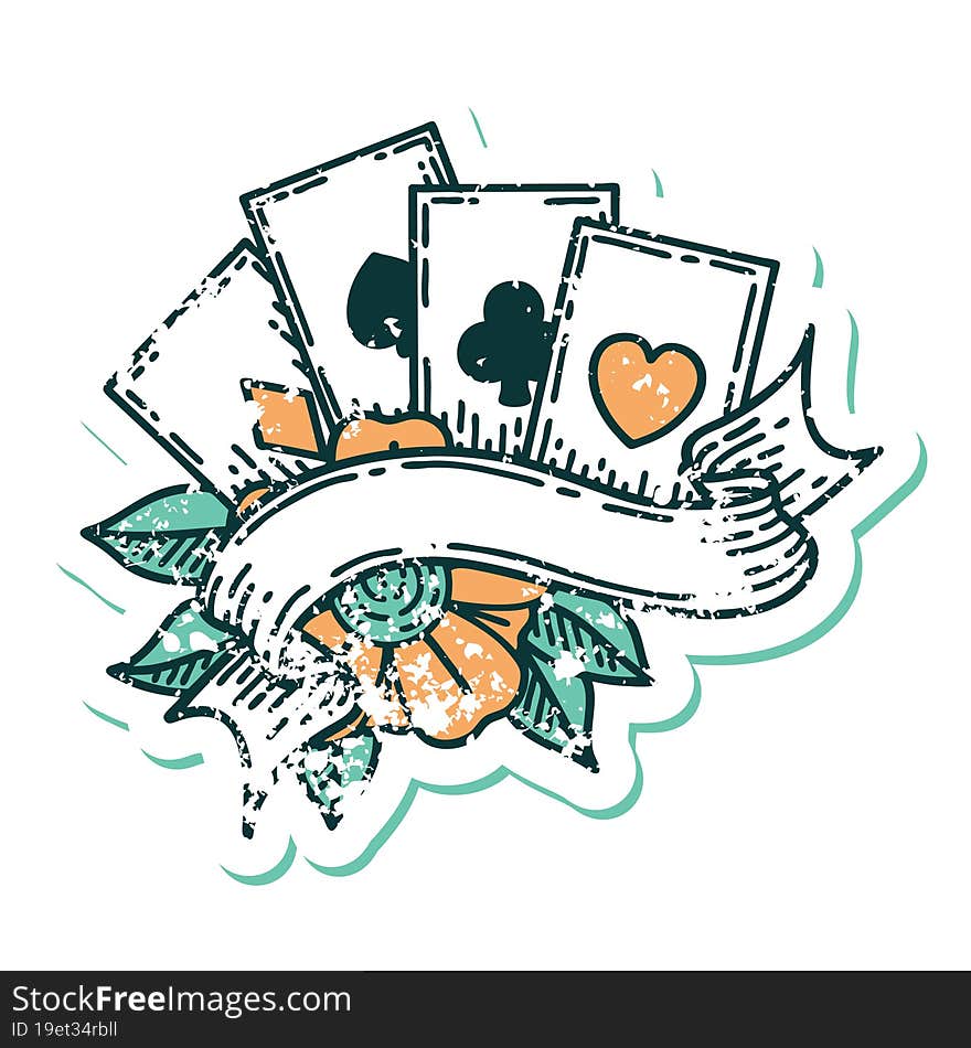 iconic distressed sticker tattoo style image of cards and banner. iconic distressed sticker tattoo style image of cards and banner