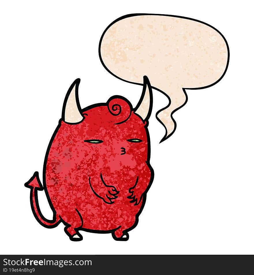 Cartoon Fat Little Halloween Devil And Speech Bubble In Retro Texture Style