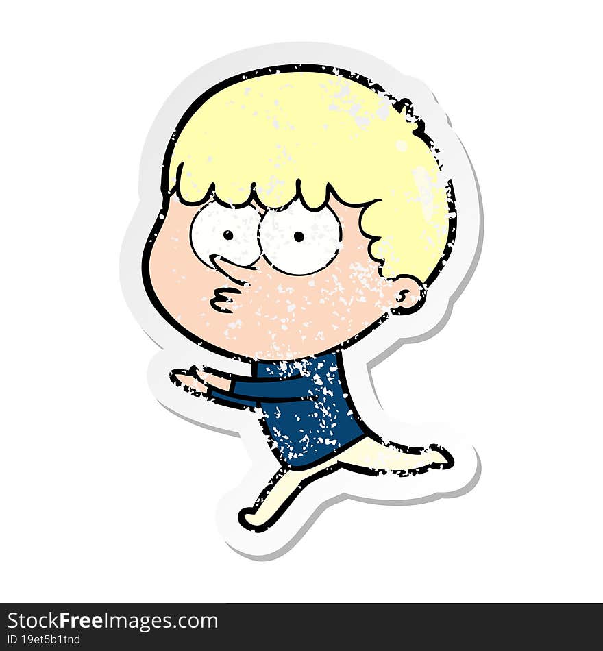 distressed sticker of a cartoon curious boy running