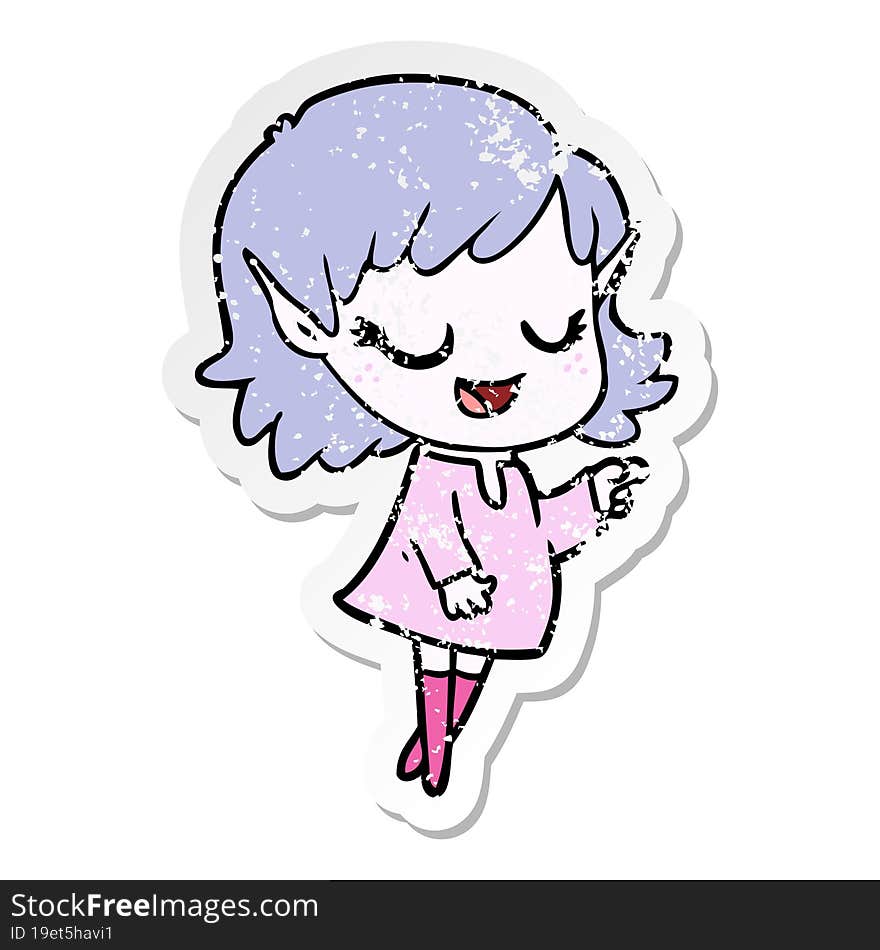 distressed sticker of a happy cartoon elf girl pointing