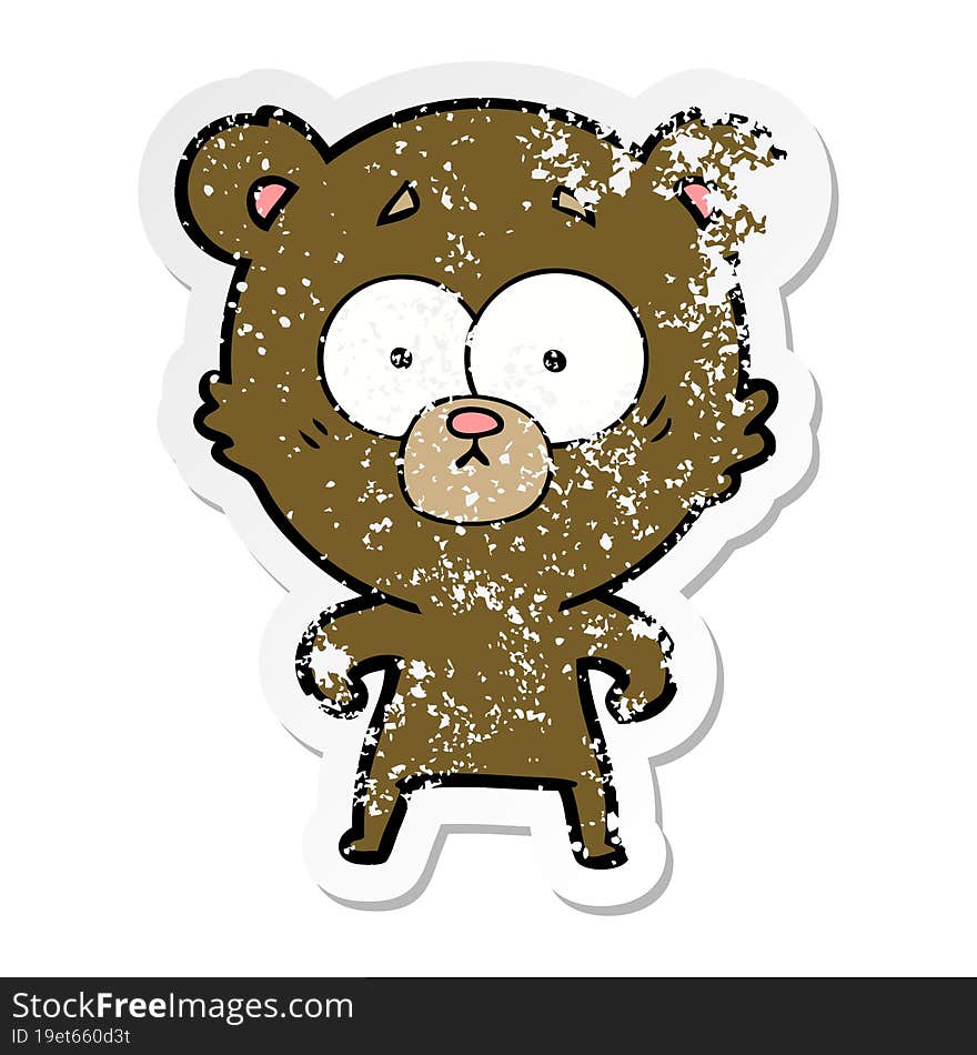 distressed sticker of a surprised bear cartoon