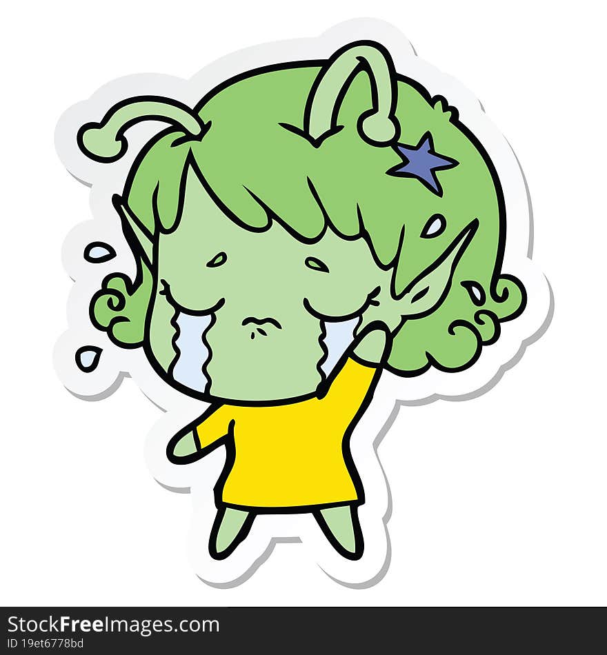 Sticker Of A Cartoon Crying Alien Girl