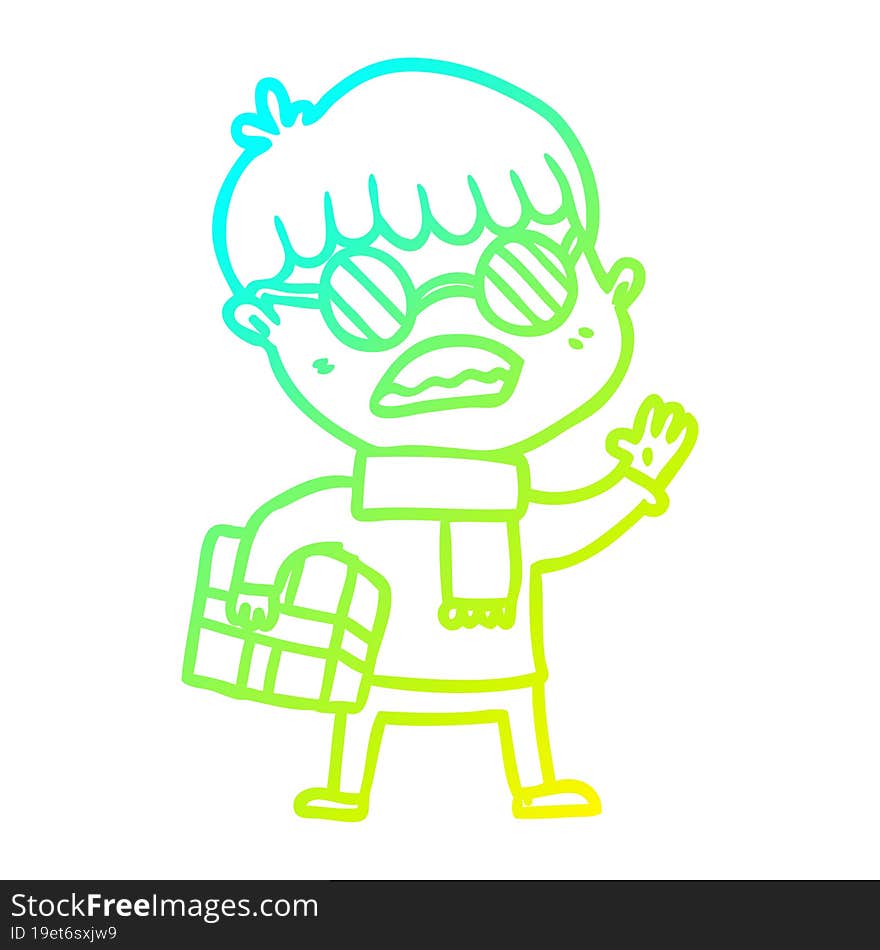 Cold Gradient Line Drawing Cartoon Boy Holding Gift And Wearing Spectacles