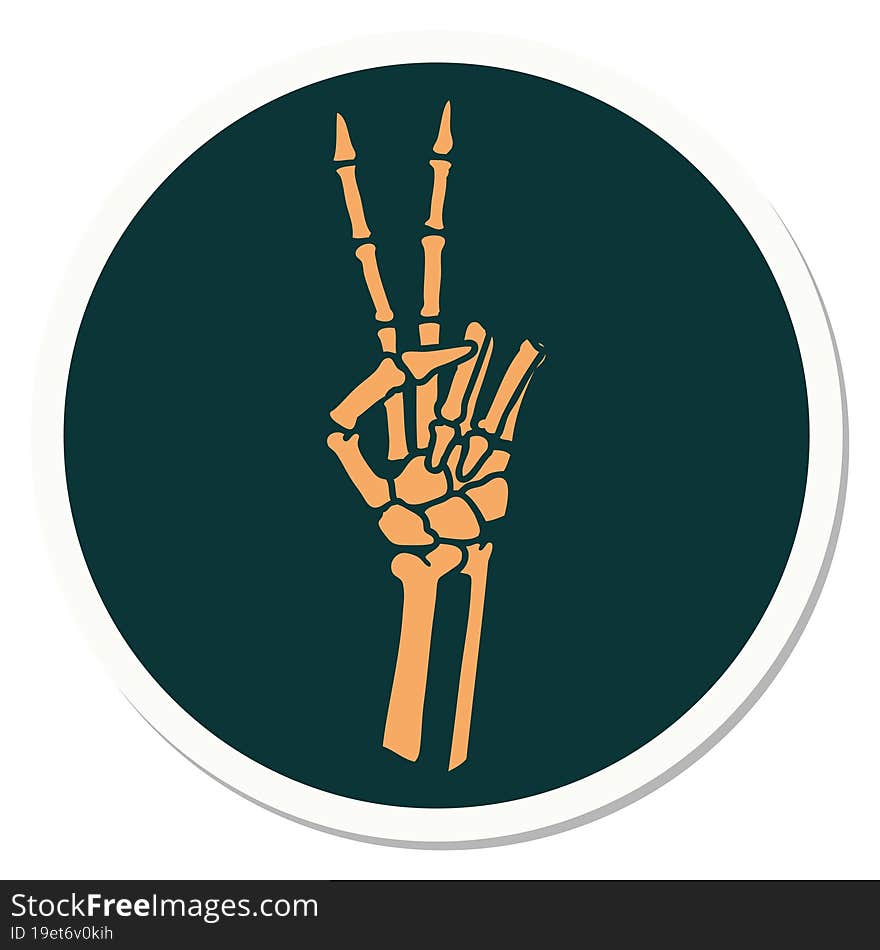 tattoo style sticker of a skeleton hand giving a peace sign