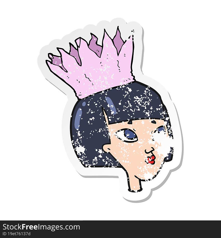 Retro Distressed Sticker Of A Cartoon Woman Wearing Paper Crown