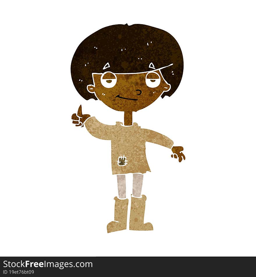 cartoon boy in poor clothing giving thumbs up symbol