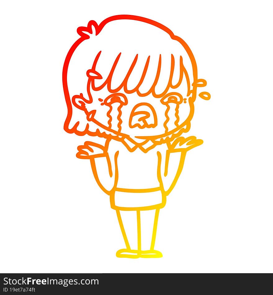 warm gradient line drawing of a cartoon girl crying