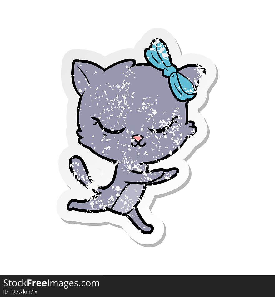 distressed sticker of a cute cartoon cat with bow