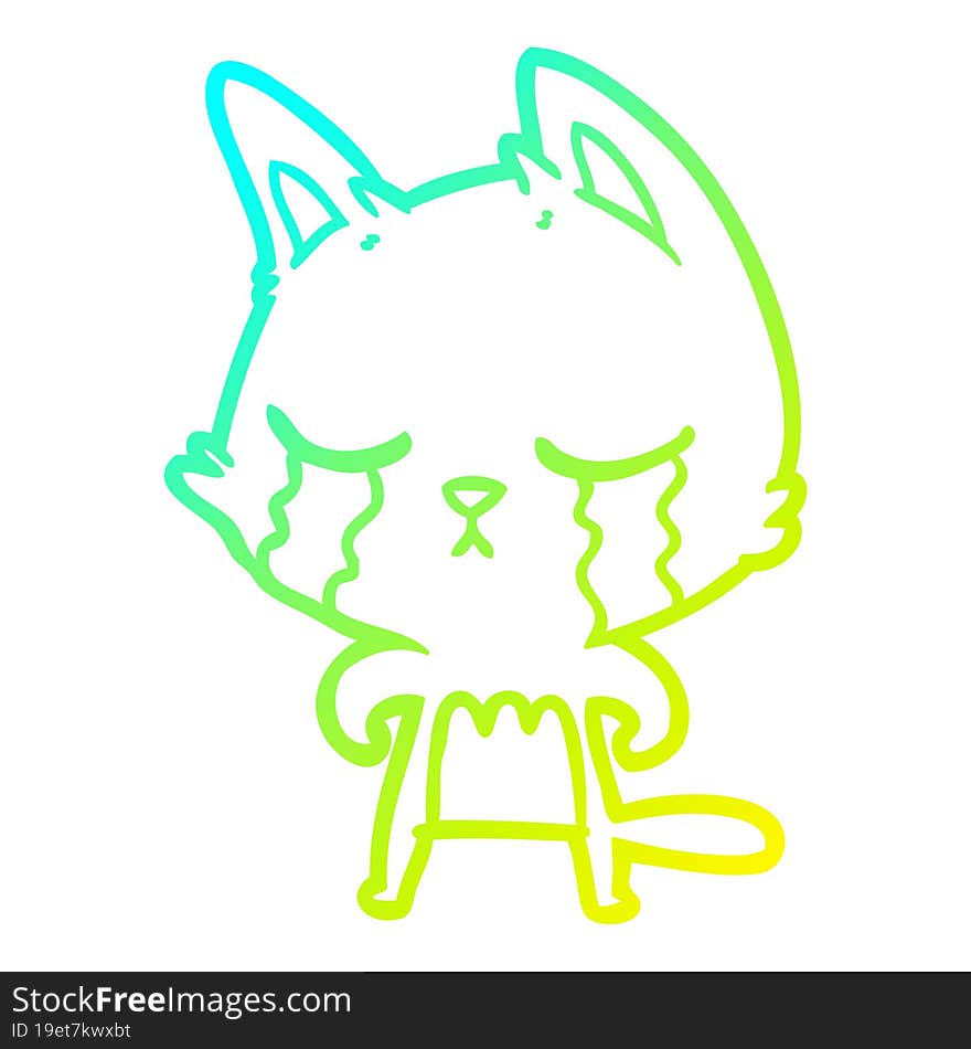 cold gradient line drawing of a crying cartoon cat