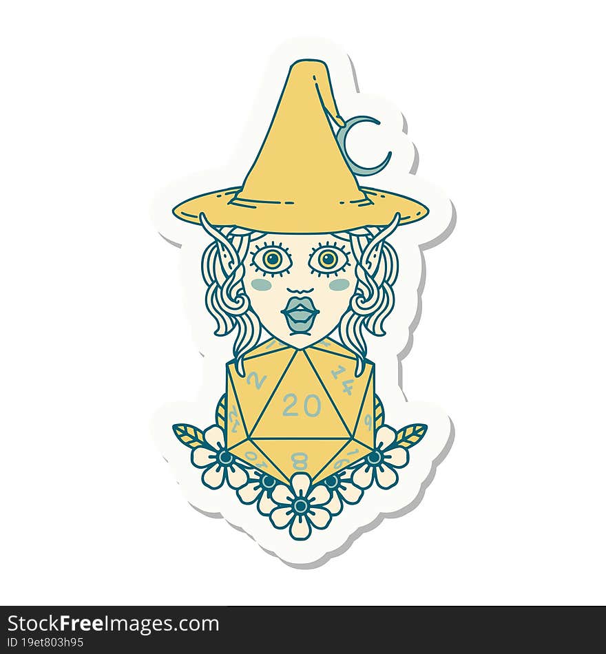 elf mage character with natural twenty dice roll sticker