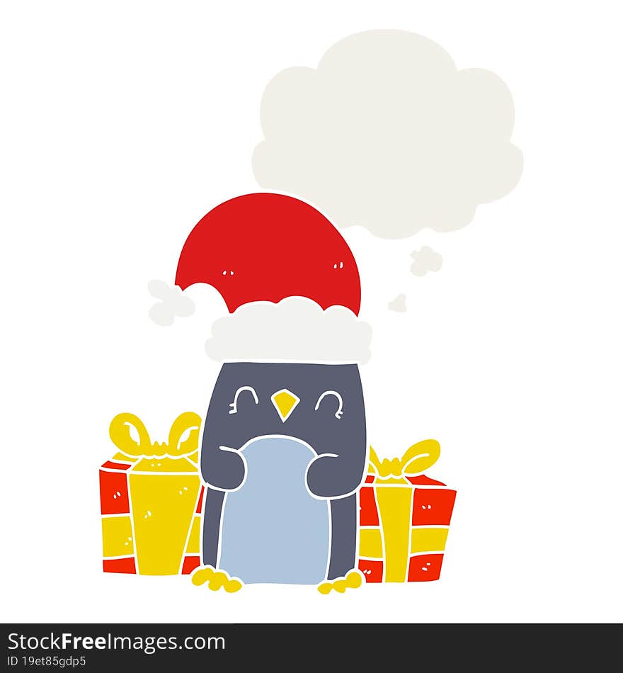 Cute Christmas Penguin And Thought Bubble In Retro Style