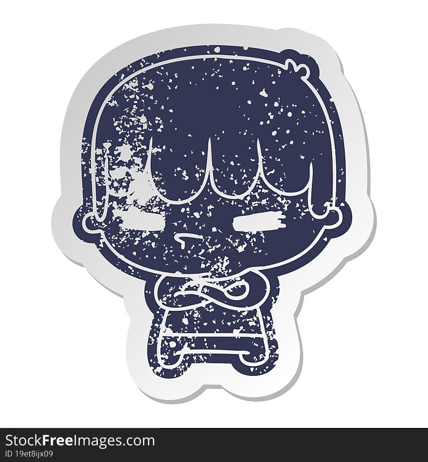 distressed old cartoon sticker of a kawaii cute cross boy