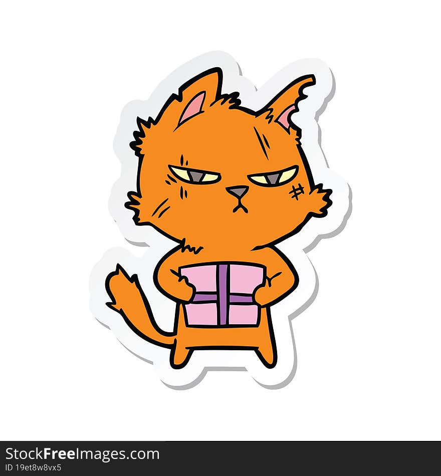 sticker of a tough cartoon cat with christmas present