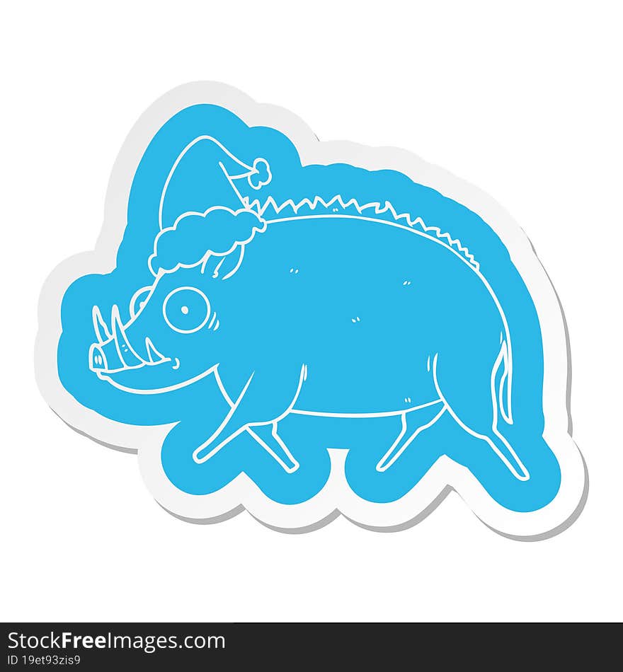 cartoon  sticker of a wild boar wearing santa hat