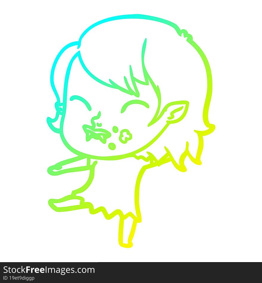 cold gradient line drawing cartoon vampire girl with blood on cheek