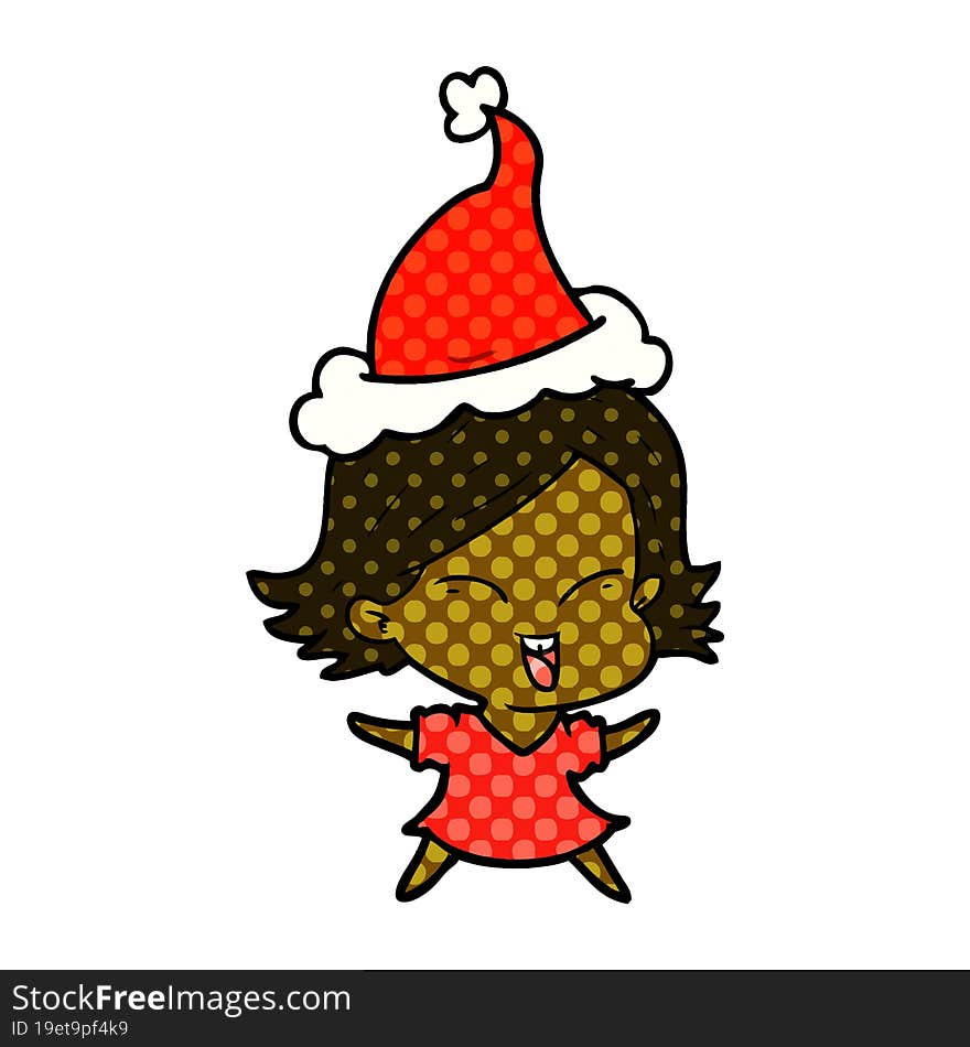 happy comic book style illustration of a girl wearing santa hat