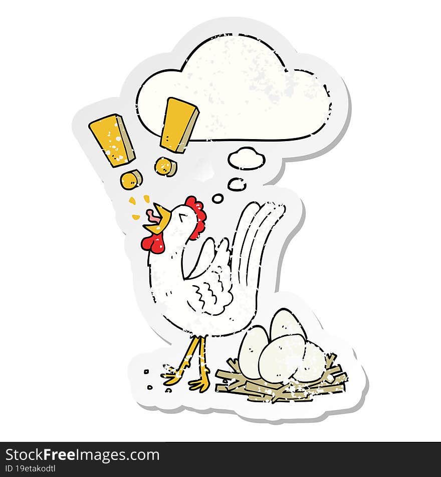 cartoon chicken laying egg with thought bubble as a distressed worn sticker