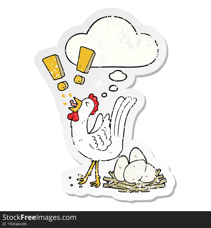 cartoon chicken laying egg and thought bubble as a distressed worn sticker