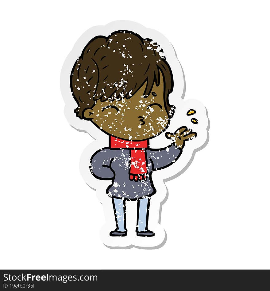 distressed sticker of a cartoon woman thinking