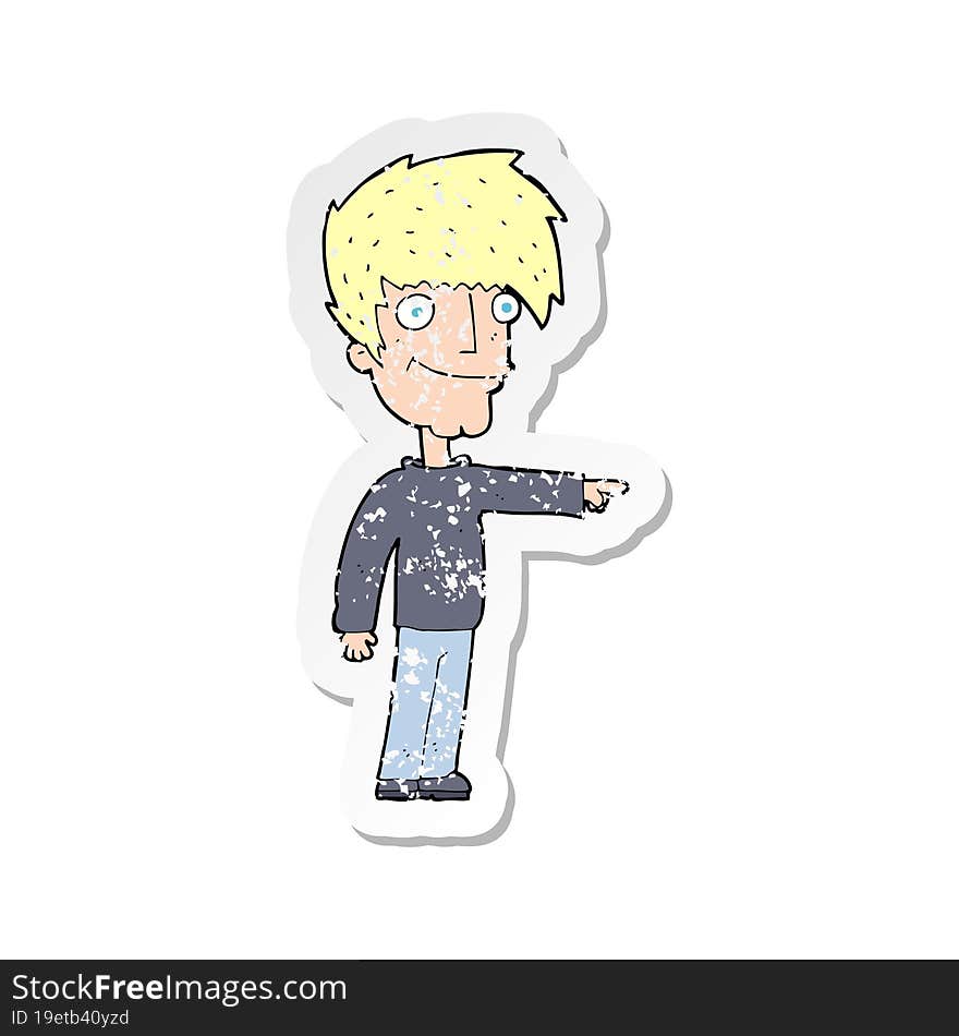 retro distressed sticker of a cartoon happy man pointing