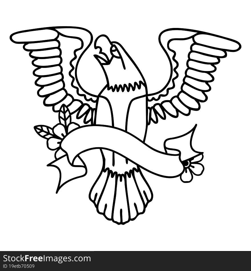 Black Linework Tattoo With Banner Of An American Eagle