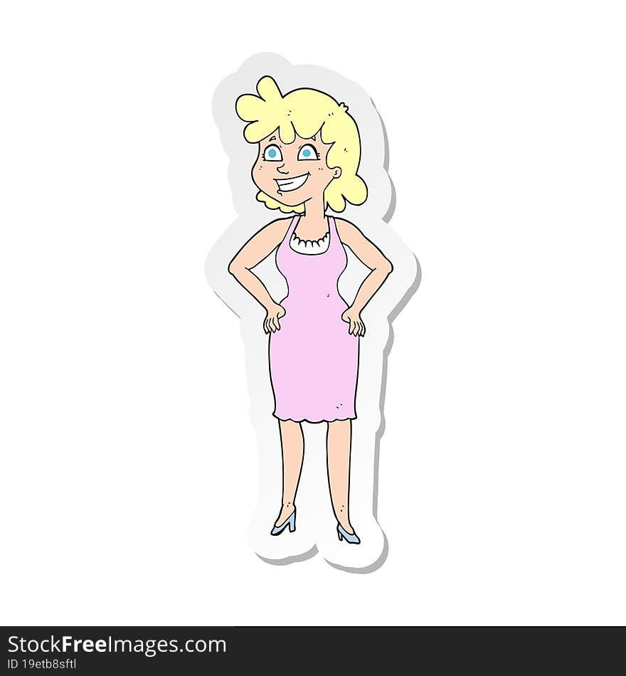 sticker of a cartoon happy woman wearing dress