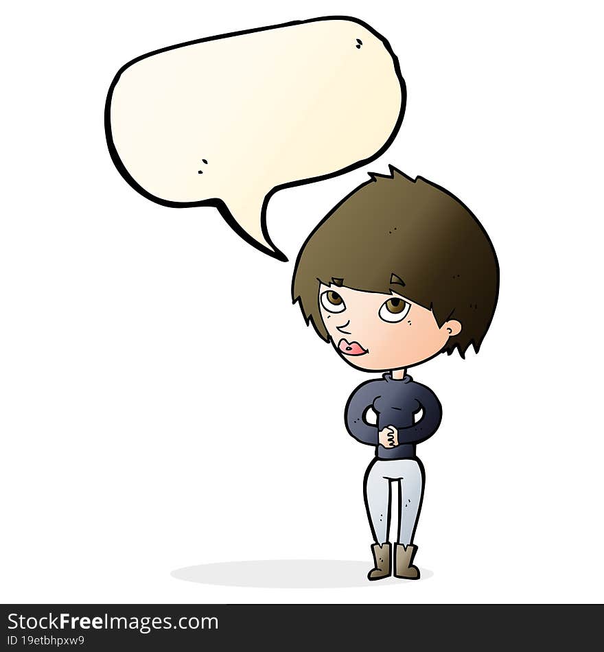 cartoon woman considering with speech bubble