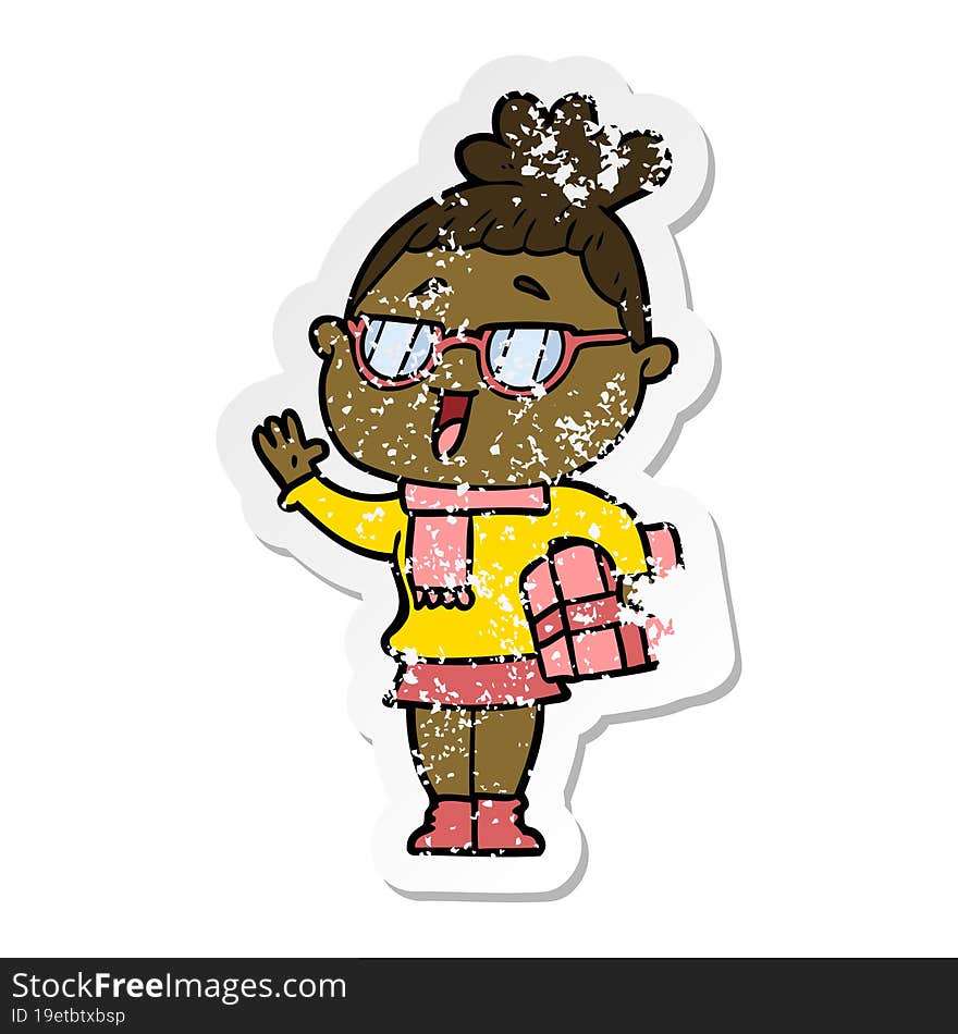 distressed sticker of a cartoon happy woman wearing spectacles