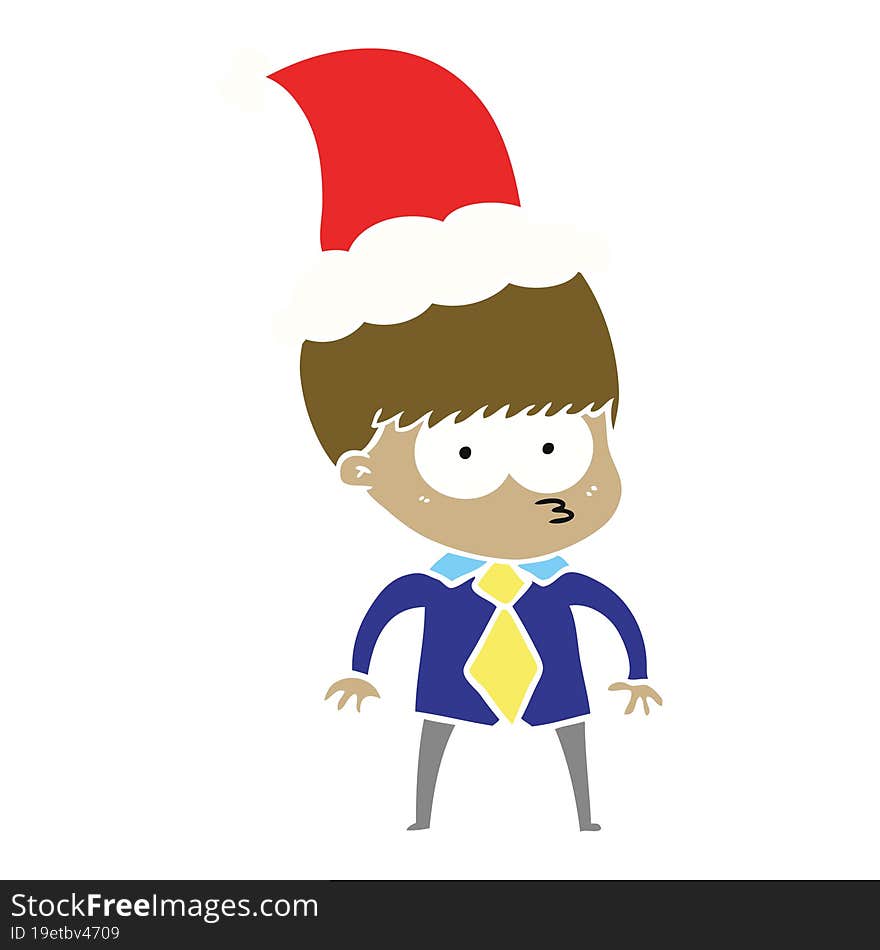 Nervous Flat Color Illustration Of A Boy Wearing Shirt And Tie Wearing Santa Hat