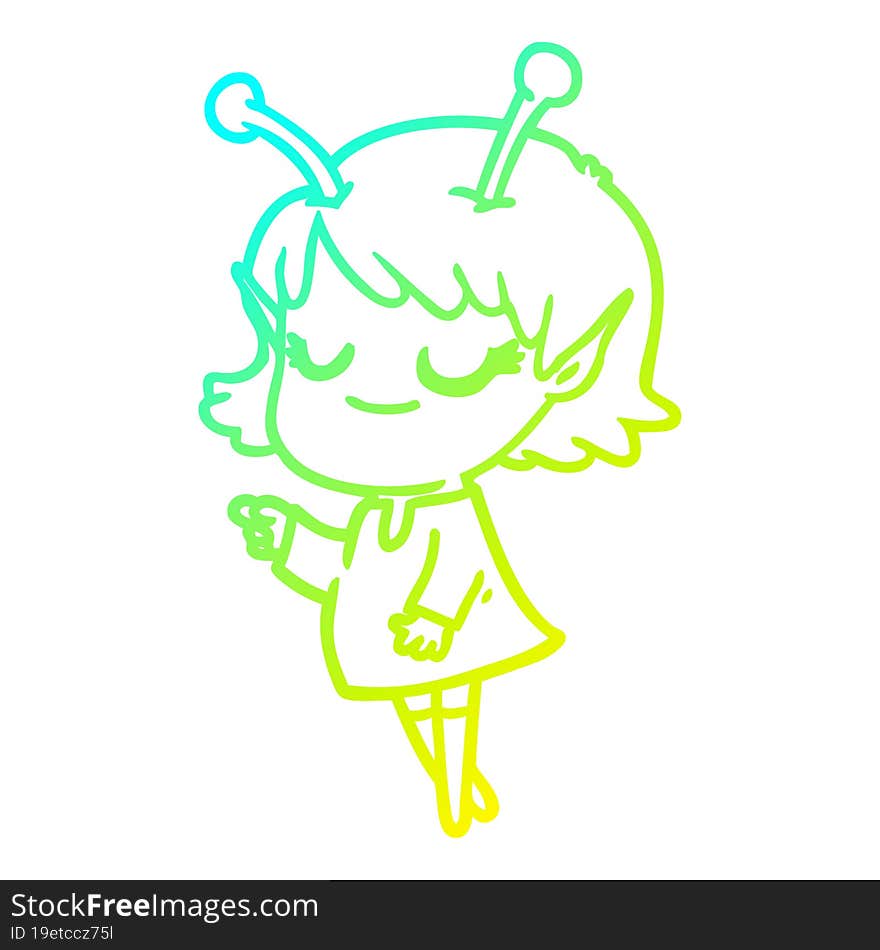 cold gradient line drawing smiling alien girl cartoon