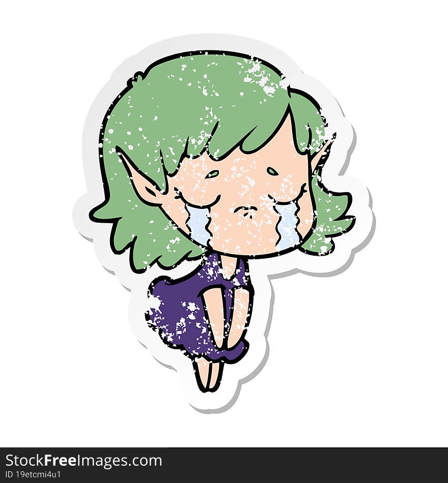 distressed sticker of a cartoon crying elf girl