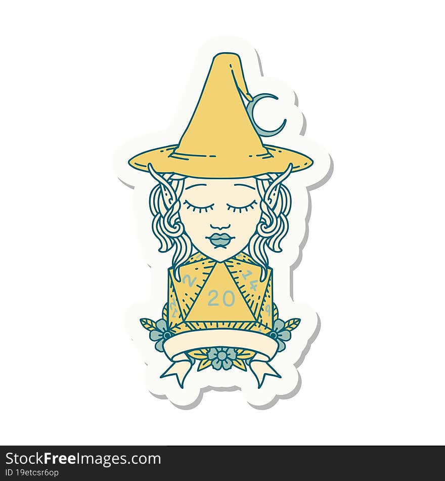 elf mage character with natural twenty dice roll sticker