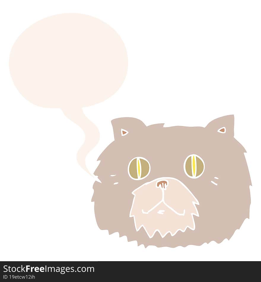 cartoon cat face with speech bubble in retro style