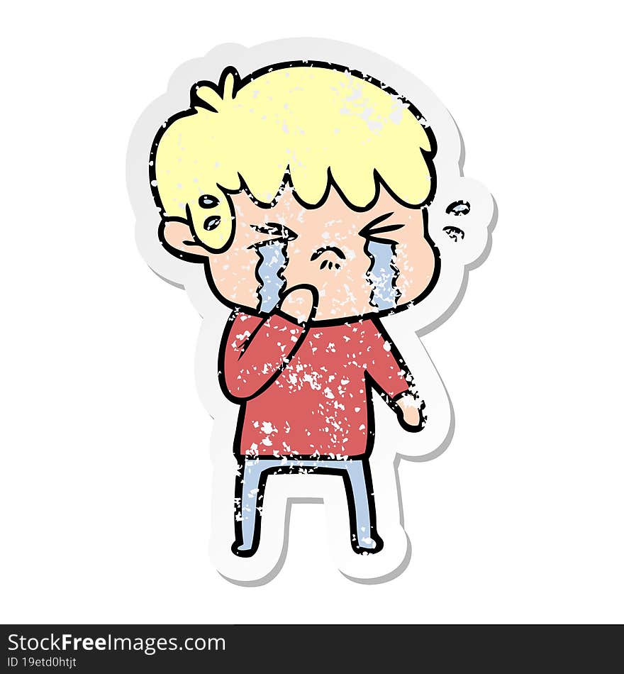 Distressed Sticker Of A Cartoon Boy Crying