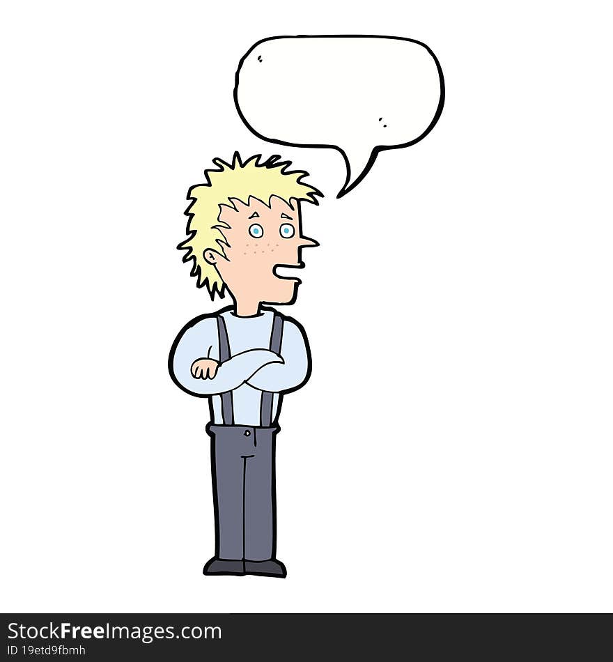 cartoon boy with folded arms with speech bubble