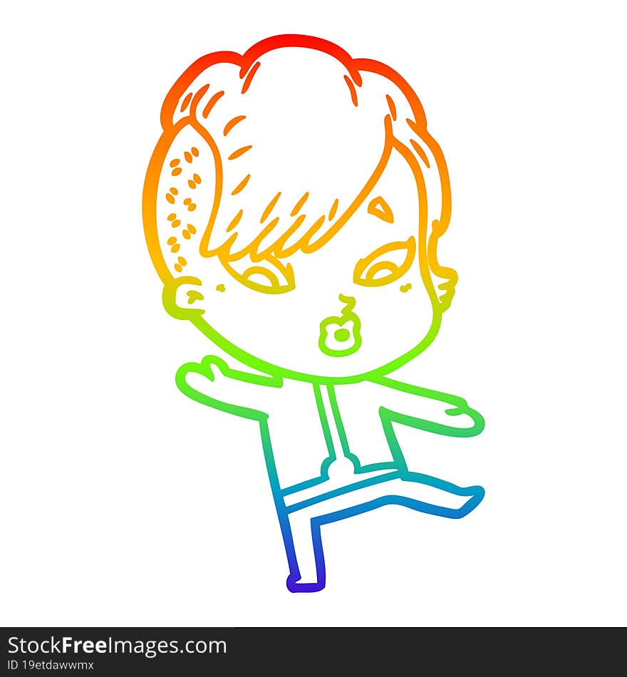 rainbow gradient line drawing cartoon surprised girl in science fiction clothes