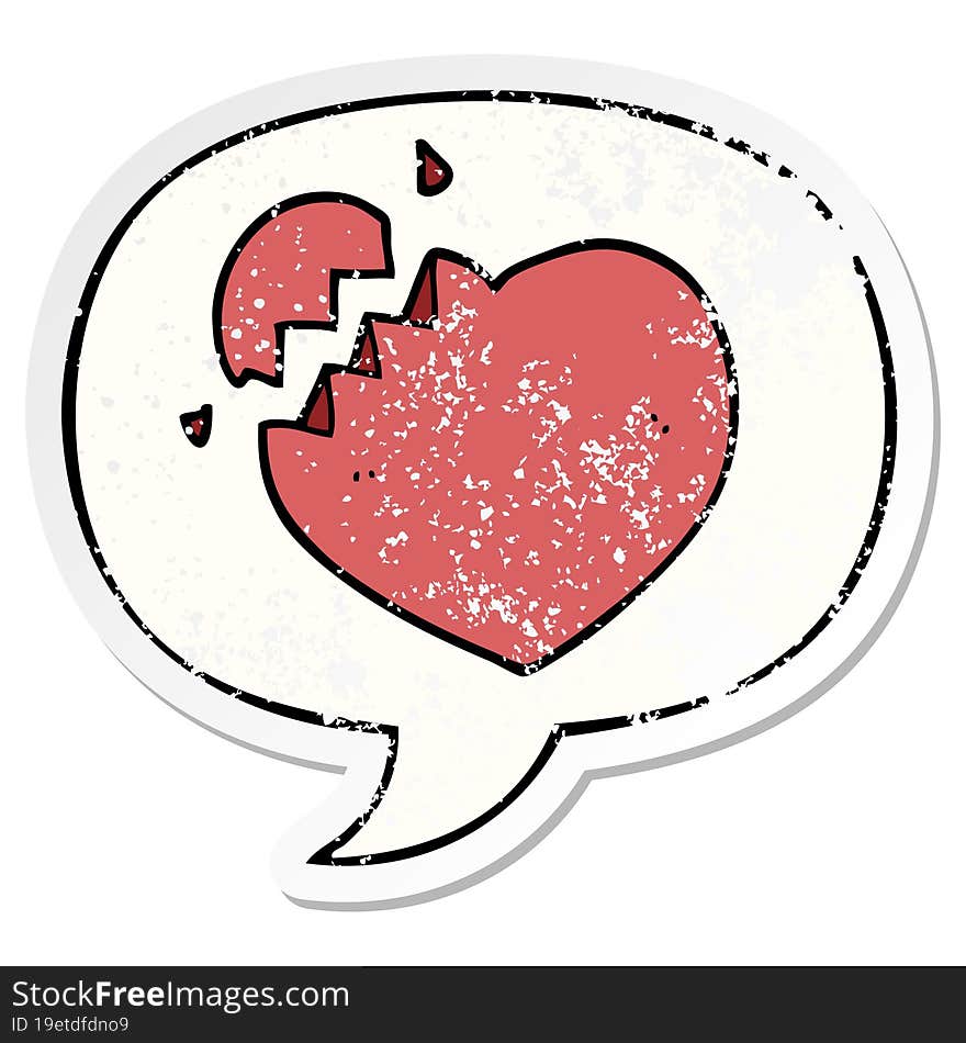 cartoon broken heart and speech bubble distressed sticker