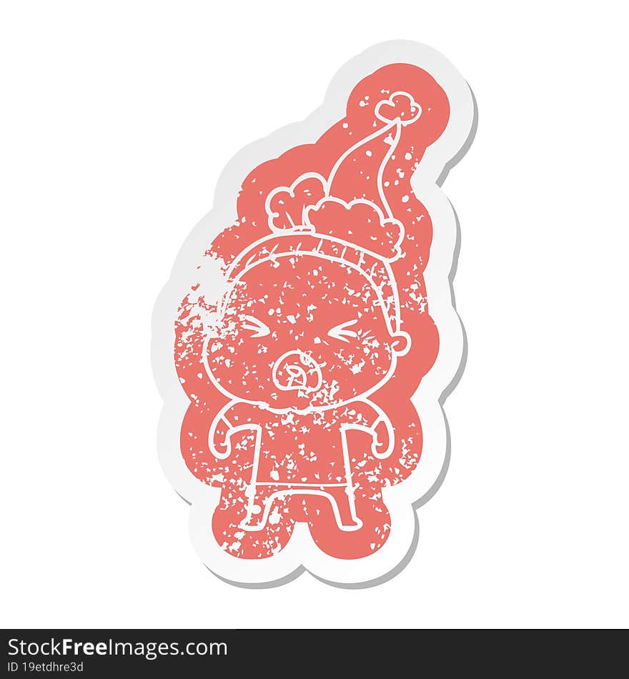 cartoon distressed sticker of a angry old woman wearing santa hat